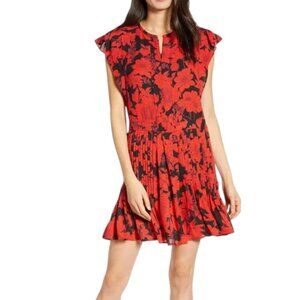 Rebecca Minkoff Mini Dress Large Red Flutter Sleeve Floral Pleated Ruffle Sz S